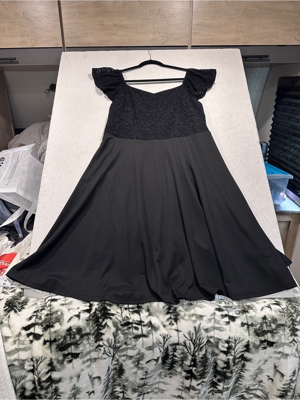 Black Lace-Top Flutter Sleeve Midi Dress - Women
